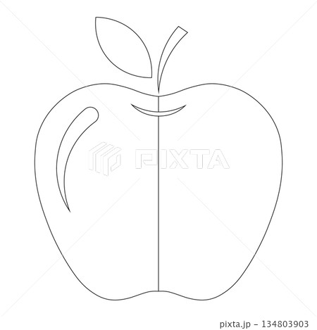 Simple black outline drawing of an apple with a leaf and stem on white 134803903