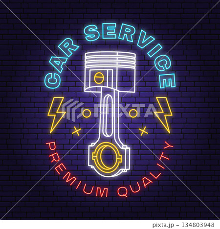 Auto service logo, emblems, badges in neon style. Vector. For expert service car repair center, restoration with automobile tools piston. Auto repair emblem sign, night bright advertising car service Auto service logo, emblems, badges in neon style. Vector. For expert service car repair center, restoration with automobile tools piston. Auto repair emblem sign, night bright advertising car service 134803948