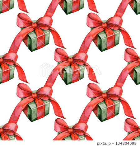 Watercolor seamless pattern with green gift boxes tied with bright red ribbons. Ideal for festive packaging, Christmas designs, holiday textiles, wrapping paper, branding, greeting cards, and seasonal Watercolor seamless pattern with green gift boxes tied with bright red ribbons. Ideal for festive packaging, Christmas designs, holiday textiles, wrapping paper, branding, greeting cards, and seasonal 134804099