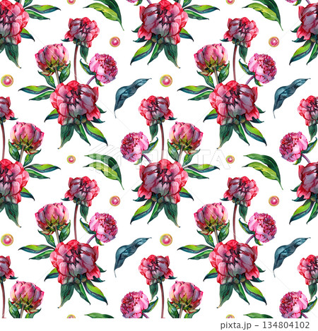 Seamless watercolor floral pattern featuring lush pink peonies and green leaves. Hand painted romantic botanical repeat perfect for textiles, wallpaper, wedding stationery, packaging and surface Seamless watercolor floral pattern featuring lush pink peonies and green leaves. Hand painted romantic botanical repeat perfect for textiles, wallpaper, wedding stationery, packaging and surface 134804102