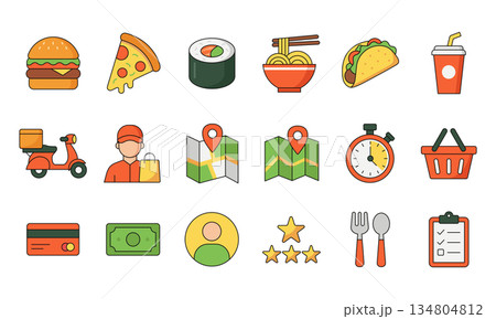 Food delivery icon set: burger, pizza, sushi, courier, scooter, map and payment symbols. Flat vector icons for apps and web Food delivery icon set: burger, pizza, sushi, courier, scooter, map and payment symbols. Flat vector icons for apps and web 134804812