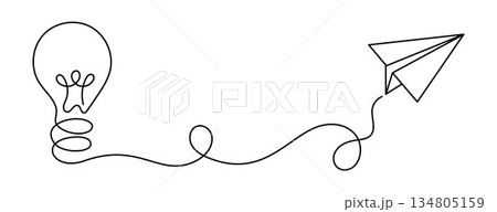 Continuous One Line Light Bulb Connected to Paper Plane Drawing, Creative Idea to Action Concept, Minimal Linear Illustration of Inspiration, Innovation, Startup Thinking, Communication and Creative Continuous One Line Light Bulb Connected to Paper Plane Drawing, Creative Idea to Action Concept, Minimal Linear Illustration of Inspiration, Innovation, Startup Thinking, Communication and Creative 134805159
