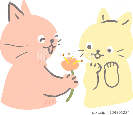やさしい雰囲気の 花と猫のイラスト やさしい雰囲気の 花と猫のイラスト 134805224