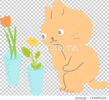 溫柔的花朵和貓咪插圖 134805226