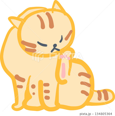 毛づくろいをする茶トラ猫のイラスト 134805364