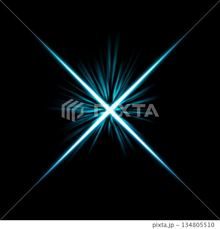 黒背景に青く発光する光のクロス放射 黒背景に青く発光する光のクロス放射 134805510