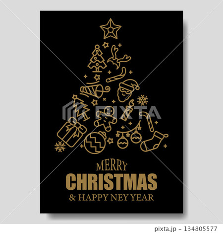 Merry Christmas Happy New Year Greeting Card Triangle Shape Christmas Tree Icon Gray Elements Isolated on Black Background. Merry Christmas Happy New Year Greeting Card Triangle Shape Christmas Tree Icon Gray Elements Isolated on Black Background. 134805577