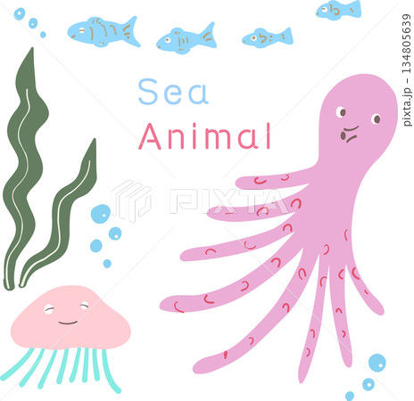ゆるい海の生き物の手描きイラストセット 134805639
