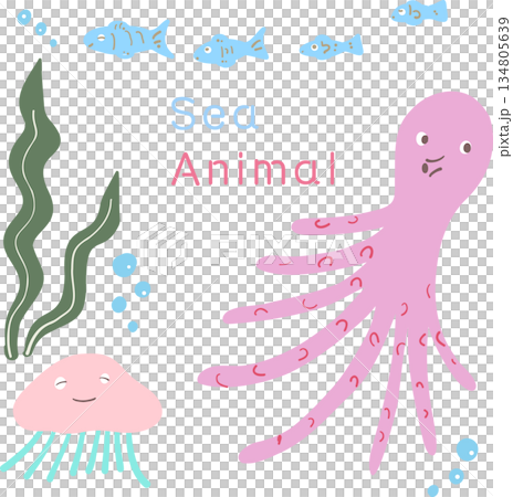 ゆるい海の生き物の手描きイラストセット 134805639