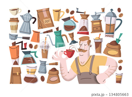Variety of coffee-themed stickers set and satisfied man smelling freshly brewed aroma drink Variety of coffee-themed stickers set and satisfied man smelling freshly brewed aroma drink 134805663