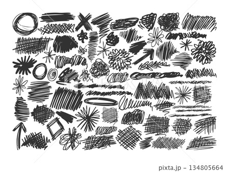 Isolated set of black scribbles and doodles hand drawn element in different shapes and forms 134805664