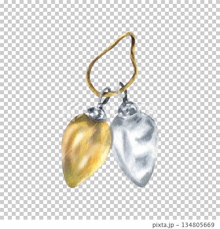 Two glass vintage Christmas tree decorations hanging on rope. Aged golden and transparent colors. Hand drawn festive toy. Watercolor clip art isolated from background. For New year design Two glass vintage Christmas tree decorations hanging on rope. Aged golden and transparent colors. Hand drawn festive toy. Watercolor clip art isolated from background. For New year design 134805669