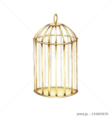 Empty golden bird cage, metallic rods. Vintage style. Round shape. Suitable as elegant candlestick with wire. Hand drawn watercolor clip art isolated from background. Aesthetics decorative element 134805670