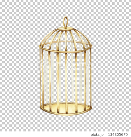 Empty golden bird cage, metallic rods. Vintage style. Round shape. Suitable as elegant candlestick with wire. Hand drawn watercolor clip art isolated from background. Aesthetics decorative element 134805670