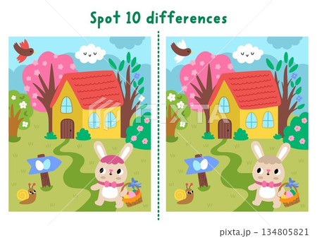 Easter find differences game for children. Spring holiday educational activity with bunny going to house with gg basket. Puzzle for kids. Printable worksheet, page with cute rural scene 134805821