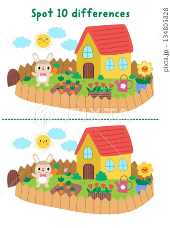 Easter find differences game for children. Spring holiday educational activity with bunny growing carrots in his garden. Cute puzzle for kids. Printable worksheet, page for logic and attention 134805828