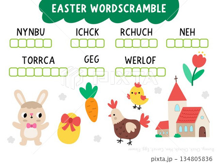 Vector Easter word scramble activity page. English language game with bunny, colored egg, hen, chicken, church, tulip flower for kids. Spring holiday family quiz, printable worksheet 134805836