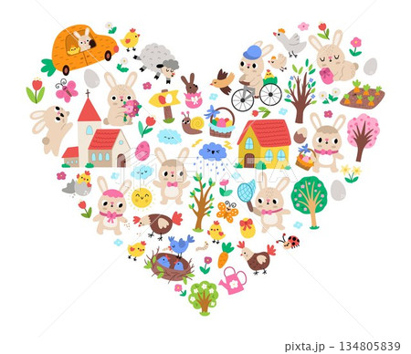 Vector Easter heart shaped frame with traditional symbols, bunny, chick, colored egg. Card template design for banners, invitations. Cute spring holiday illustration with church, blooming trees 134805839
