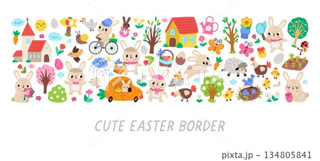 Vector Easter horizontal border set with traditional symbols, bunny, chick, colored egg. Card template design for banners, invitations. Cute spring holiday illustration with church, trees, sun 134805841