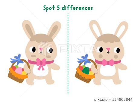 Easter find differences game for children. Spring holiday educational activity with bunny going with colored egg basket. Cute puzzle for kids. Printable worksheet, page for logic and attention 134805844