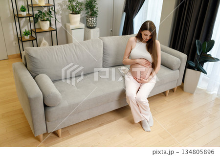 Young expectant mother sits on a comfortable sofa, cradling her pregnant belly with a gentle smile, anticipating new life Young expectant mother sits on a comfortable sofa, cradling her pregnant belly with a gentle smile, anticipating new life 134805896