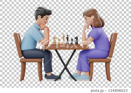 3d cartoon couple playing a focused game of chess on a wooden table, representing strategy, competition and intellectual connection 134806023