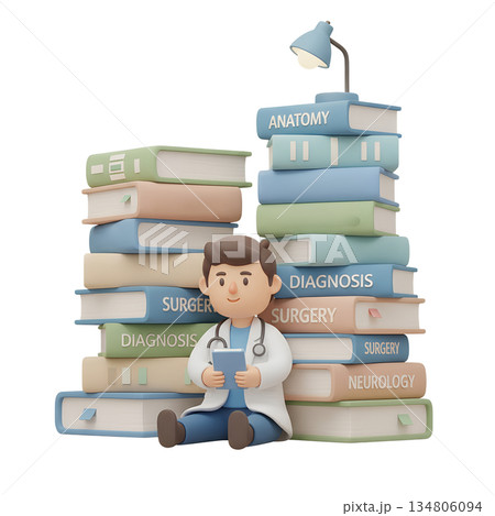 Cute 3d cartoon medical student studying late at night, surrounded by large books with a glowing lamp, representing hard work, education, and dedication 134806094