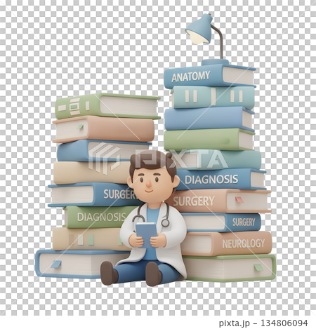 Cute 3d cartoon medical student studying late at night, surrounded by large books with a glowing lamp, representing hard work, education, and dedication 134806094