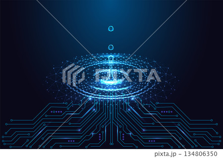 Digital Water Ripple and Droplet over Circuit Board. Futuristic Fluid Technology Vector Illustration 134806350