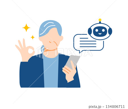 スマホでAIを使用してポジティブな表情のシニア女性のイラスト。フラットデザイン。 スマホでAIを使用してポジティブな表情のシニア女性のイラスト。フラットデザイン。 134806711