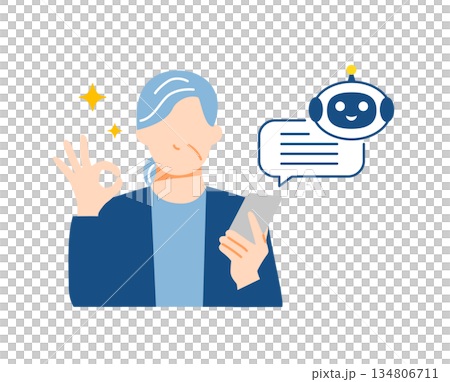 一位面帶笑容的老婦人正在使用智慧型手機上的人工智慧技術進行操作。扁平化設計。 一位面帶笑容的老婦人正在使用智慧型手機上的人工智慧技術進行操作。扁平化設計。 134806711