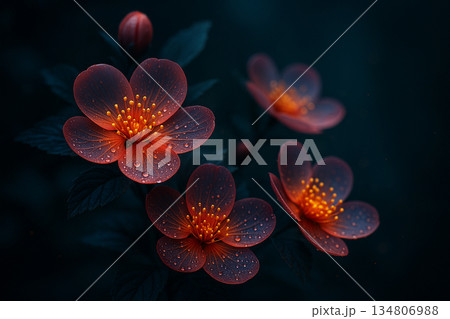 AI generated glowing pink orange fantasy flowers with translucent petals golden centers water droplets and dark blue green background creating a mysterious romantic calm luxury floral mood 134806988