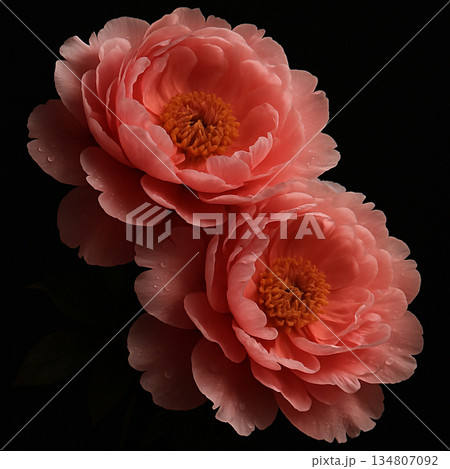 AI generated luxury pink peony flowers blooming with layered petals water drops and golden center on black background elegant romantic floral beauty for spa wellness and art design 134807092