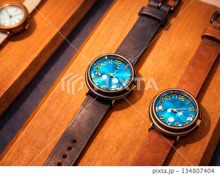 革ベルトの腕時計が並ぶ木製テーブル　クラシックなデザインの時計 134807404