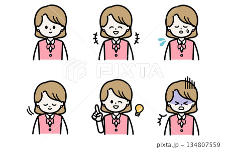 ビジネス女性の表情セットイラスト 接客や説明や資料の挿絵に使える感情バリエーション 134807559