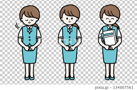 一位女士正在引導的插圖。一套向量插圖，描繪了禮貌的鞠躬姿勢，適用於接待和辦公室。 134807561