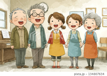 高齢者と介護福祉士が一緒に歌を楽しむ介護施設のレクリエーション風景 134807634