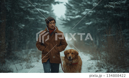 Man and his dog are walking through a snowy forest 134808422
