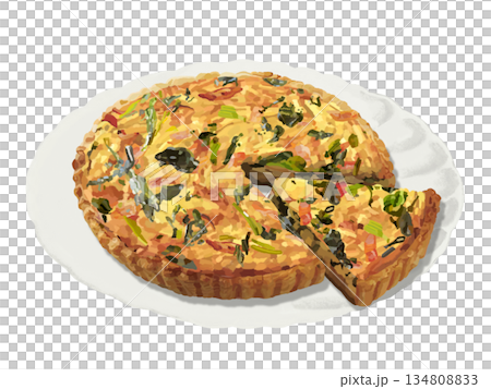 Spinach and bacon quiche (cut) with plate 134808833