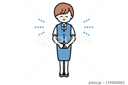 笑顔で丁寧に案内する女性スタッフの全身イラスト 受付・接客・説明・資料用素材 134808862