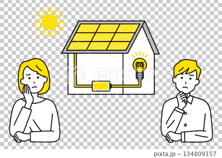 ソーラーパネルによる太陽光発電の家を検討する若い夫婦 ソーラーパネルによる太陽光発電の家を検討する若い夫婦 134809157