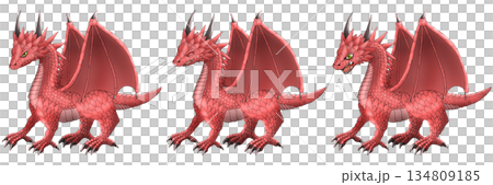 一條側躺的紅色巨龍，雙翼展開，臉部表情各異。 134809185