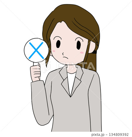 バツ印でNGや不正解を示すスーツ姿の女性のシンプルなイラスト バツ印でNGや不正解を示すスーツ姿の女性のシンプルなイラスト 134809392