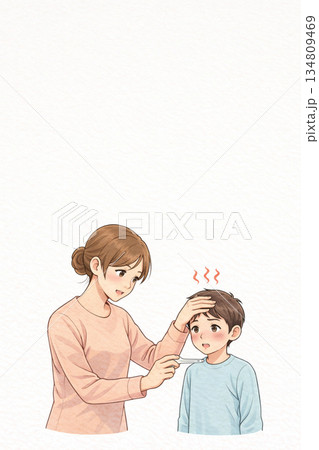 母親が子どもの熱をチェックする1 134809469