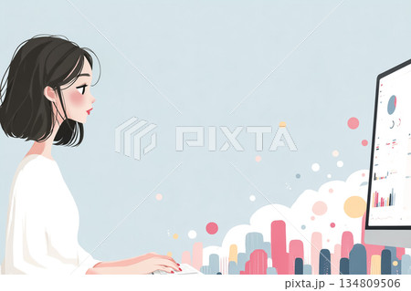 AI家庭教師と学習する女子高生のデジタルフラットイラスト 134809506