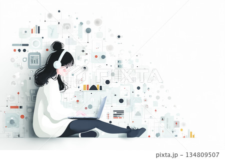 ノートパソコンでAI学習をする女子高生のフラットイラスト 134809507