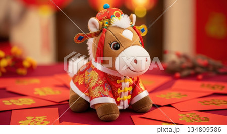 縁起の良い装飾デザ中国の旧正月(午年)の背景画像インのベクターイラスト 縁起の良い装飾デザ中国の旧正月(午年)の背景画像インのベクターイラスト 134809586