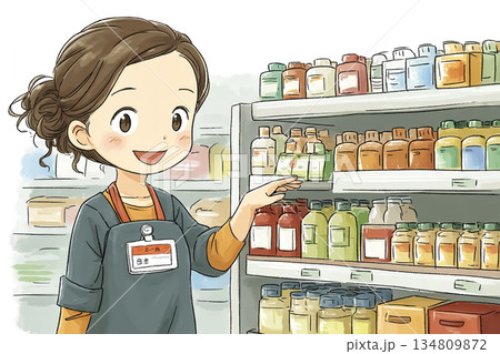 売り場で商品を案内するコンビニ・スーパーの女性スタッフ 134809872