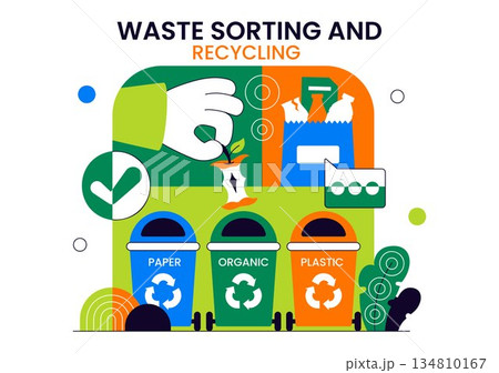 Waste Sorting and Recycling Concept Vector Illustration Showing Sustainable Environmental Management And Eco Friendly Practices in a Background Waste Sorting and Recycling Concept Vector Illustration Showing Sustainable Environmental Management And Eco Friendly Practices in a Background 134810167