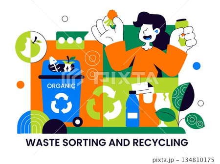 Waste Sorting and Recycling Concept Vector Illustration Showing Sustainable Environmental Management And Eco Friendly Practices in a Background Waste Sorting and Recycling Concept Vector Illustration Showing Sustainable Environmental Management And Eco Friendly Practices in a Background 134810175